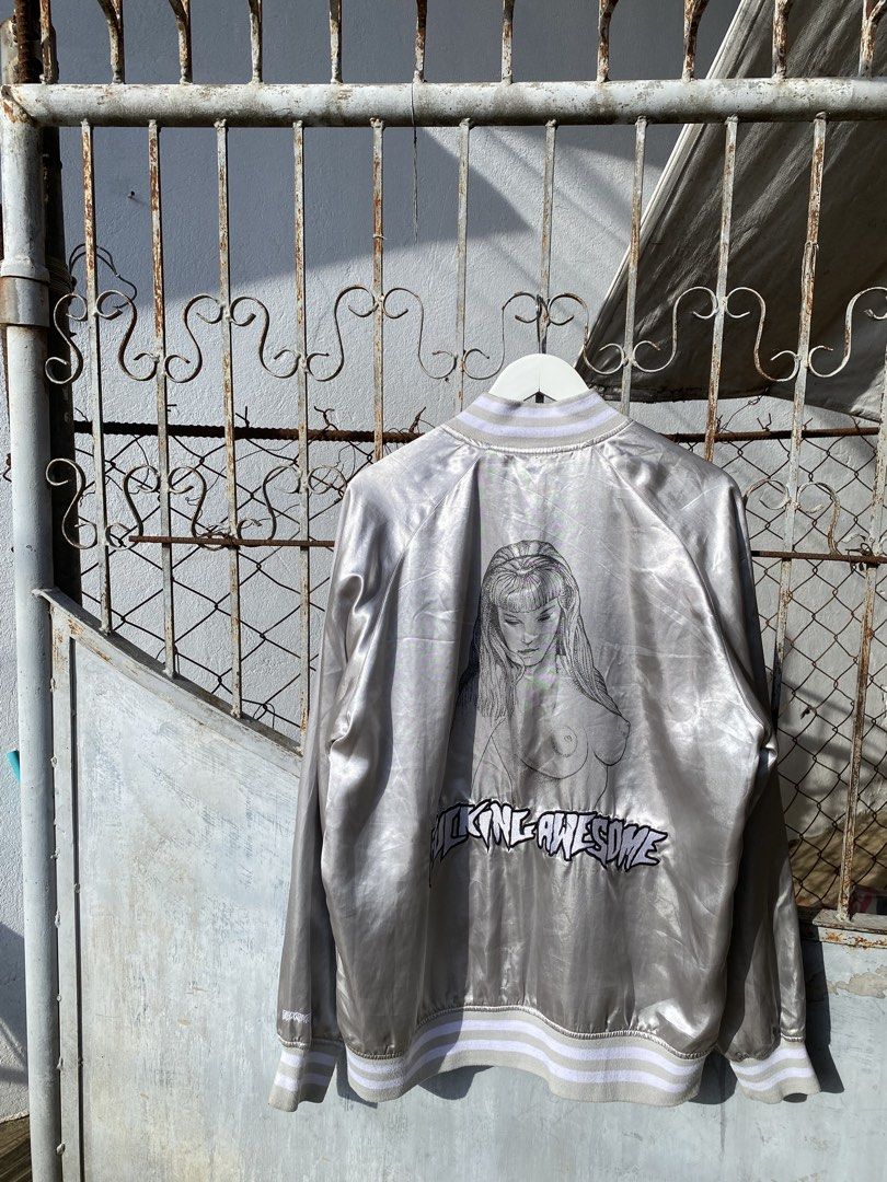 Fucking Awesome - Silver Grey Satin Jacket (Category: Coats, Jackets and Outerwear) located in Puerto Princesa. Submitted by something___. (Listing ID 1467093957, Image 2). Description: Fucking Awesome - Silver Grey Satin Jacket Tagged Size: XL Dimensions Length: 28.5 Width: 23.5 Condition: Excellent Color rate: 9 Flaws: Signs of usage, Stain.