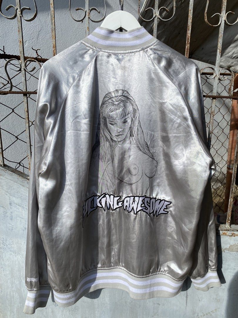 Fucking Awesome - Silver Grey Satin Jacket (Category: Coats, Jackets and Outerwear) located in Puerto Princesa. Submitted by something___. (Listing ID 1467093957, Image 3). Description: Fucking Awesome - Silver Grey Satin Jacket Tagged Size: XL Dimensions Length: 28.5 Width: 23.5 Condition: Excellent Color rate: 9 Flaws: Signs of usage, Stain.