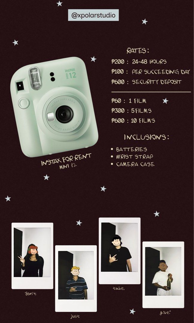 Fujifilm Instax Mini 12 for Rent (Category: Cameras) located in Cainta. Submitted by taoxu (Listing ID 1463701629, Image 2). Description: ₱200 : 24-48 hours ₱100 : per succeeding day @xpolarstudio on IG ❗️.