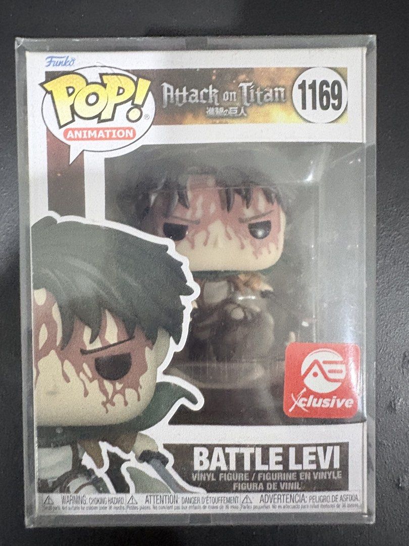 Funko Pop - Attack on Titan Battle Levi 1169 (Category: Figurines & Statues) located in Manila. Submitted by popnloaded (Listing ID 1467117276, Image 1). Description: - Funko Pop Animation #1169 Battle Levi (Attack on Titan) - Edition: AE Exclusive Sticker (with front window sticker) - Condition: Mint, stored carefully on shelf - Packaging: Original box included with clear protective sleeve - Corners: Sharp and intact PM for more photo. Mode of P