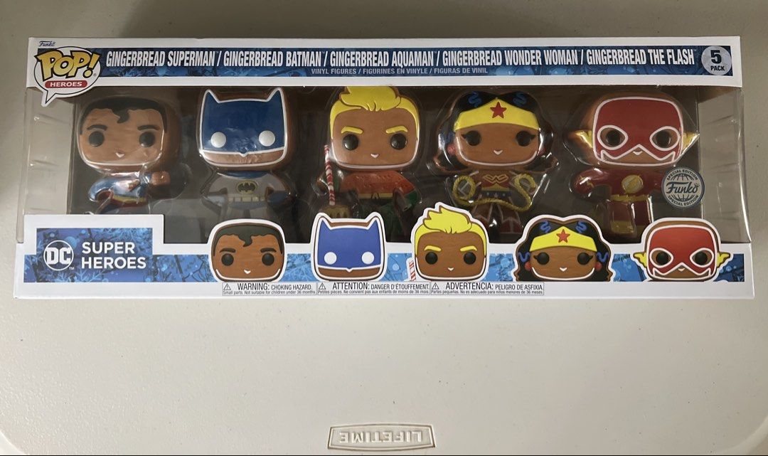 Funko Pop DC Super Heroes Gingerbread 5-Pack Vinyl Figures (Category: Figurines & Statues) located in Quezon City. Submitted by xeraphinasy (Listing ID 1467001531, Image 1). Description: - Brand new and unopened Special Edition Funko Pop 5-pack vinyl figures - Features holiday-themed DC Super Heroes with unique gingerbread cookie and icing designs - Includes Superman (#443), Batman (#444), Aquaman (#445), Wonder Woman (#446), and The Flash (#447)