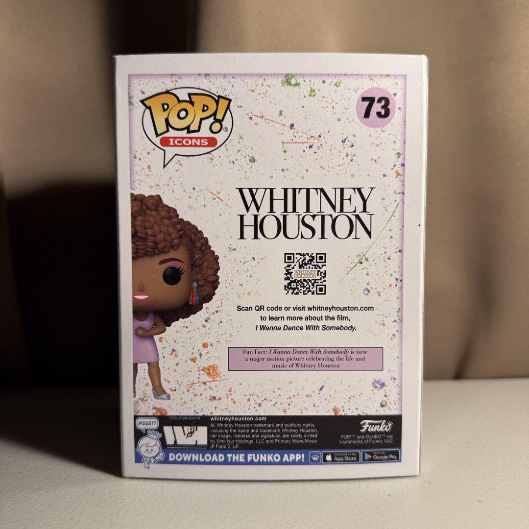 Funko Pop! Icons: Whitney Houston (#73) (Category: Figurines & Statues) located in Manila. Submitted by cheemkenn (Listing ID 1467161572, Image 3). Description: Funko Pop! Icons: Whitney Houston (#73) Selling authentic Funko Pop! Icons vinyl figure featuring the music legend Whitney Houston in her iconic "I Wanna Dance with Somebody" pink dress outfit. A must-have collectible for Funko Pop collectors or fans of the legendary icon! Item Details: B