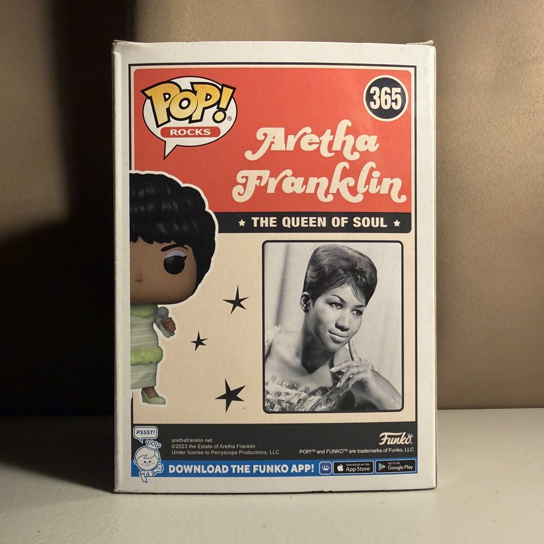 Funko Pop! Rocks: Aretha Franklin (#365) (Category: Figurines & Statues) located in Manila. Submitted by cheemkenn (Listing ID 1467161476, Image 3). Description: Funko Pop! Rocks: Aretha Franklin (#365) Selling authentic Funko Pop! Rocks vinyl figure featuring the "Queen of Soul", Aretha Franklin, in her iconic performance outfit holding a microphone. A must-have centerpiece for Funko Pop collectors or music fans! Item Details: Brand: Funko Pop! 