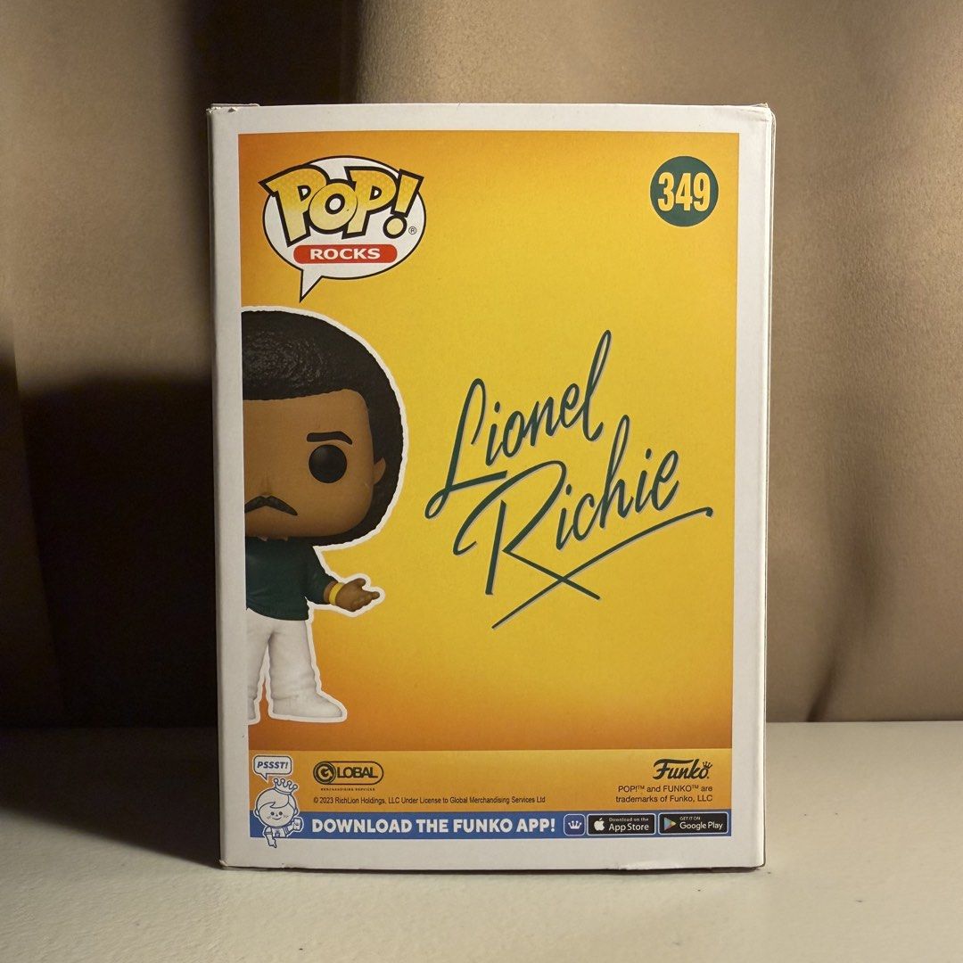 Funko Pop! Rocks: Lionel Richie (#349) (Category: Figurines & Statues) located in Manila. Submitted by cheemkenn (Listing ID 1467161652, Image 3). Description: Funko Pop! Rocks: Lionel Richie (#349) Selling authentic Funko Pop! Rocks vinyl figure featuring the legendary Lionel Richie in his iconic green sweater outfit. A great addition for Funko Pop collectors or fans of classic music legends! Item Details: Brand: Funko Pop! Rocks Character: Lion