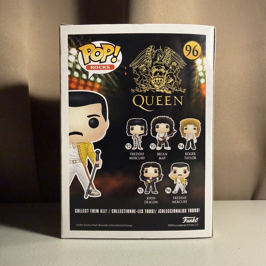 Funko Pop! Rocks: Queen – Freddie Mercury (#96) (Category: Figurines & Statues) located in Manila. Submitted by cheemkenn (Listing ID 1467158975, Image 3). Description: Funko Pop! Rocks: Queen – Freddie Mercury (#96) Selling authentic Funko Pop! Rocks vinyl figure featuring the legendary Freddie Mercury in his iconic yellow jacket outfit from Queen's 1986 Wembley Stadium performance. A iconic centerpiece for Funko Pop collectors or music fans! It