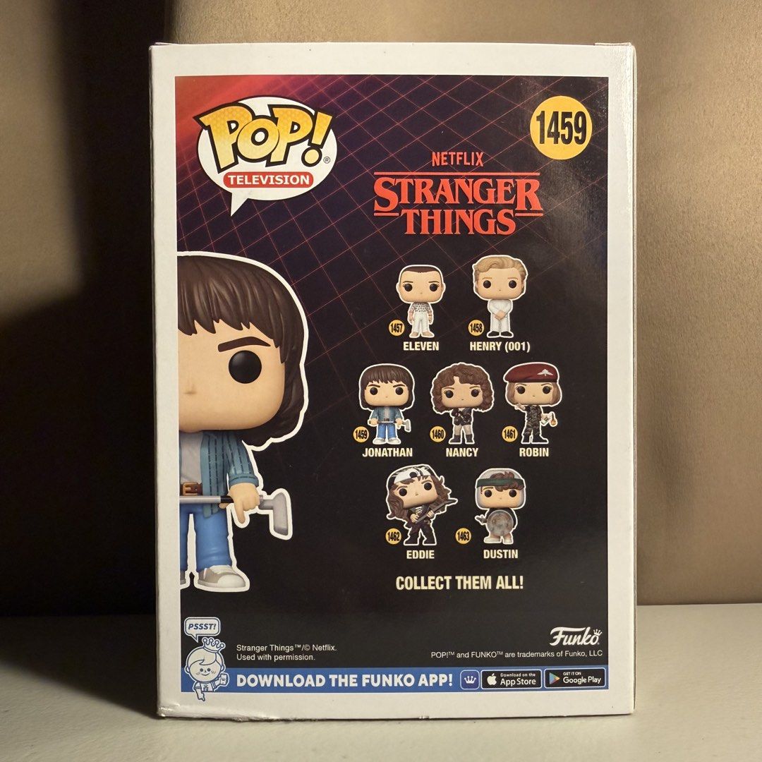 Funko Pop! Television: Stranger Things – Jonathan (#1459) (Category: Figurines & Statues) located in Manila. Submitted by cheemkenn (Listing ID 1467162235, Image 3). Description: Funko Pop! Television: Stranger Things – Jonathan (#1459) Selling authentic Funko Pop! Television vinyl figure featuring Jonathan Byers holding a golf club from Netflix’s Stranger Things. A great addition for Funko Pop collectors or fans of the show! Item Details: Brand: