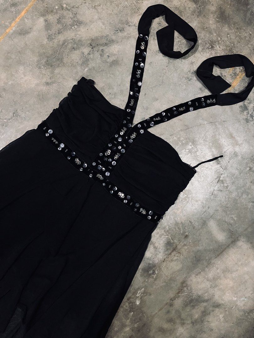 Galli Nuova Black Sequined Halter Dress (Category: Dresses) located in Dagupan City. Submitted by shanadongsb (Listing ID 1467057765, Image 2). Description: - Brand: Galli Nuova - Color: Black - Style: Halter neck dress with tie-up straps - Details: Sparkly sequin trim on neckline, straps, and waist - Hemline: Asymmetrical with flowy sheer fabric overlay - Occasion: Perfect for parties and nights out - Condition: Wardrobe clear out, grab it befor