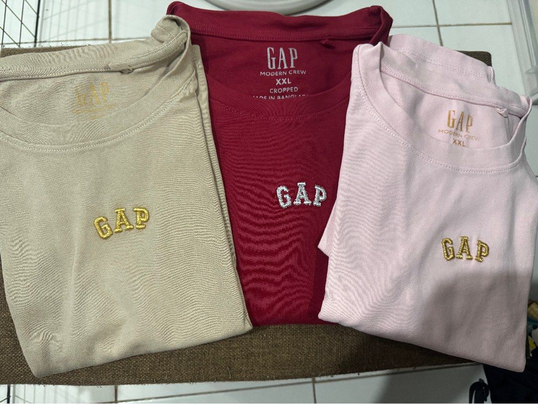 GAP Modern Crew Cropped T-Shirt (Category: Shirts) located in Pasig City. Submitted by pmlmri (Listing ID 1467166050, Image 2). Description: - Brand: GAP (Modern Crew Cropped T-Shirts) - Size: best fits Large and XL frame - 3 colors: Beige, Maroon, and Light Pink - Condition: New worn once - Sold individually Mode of Shipping: J&T or Lalamove Mode of Payment: Gotyme/BPI/Gcash.