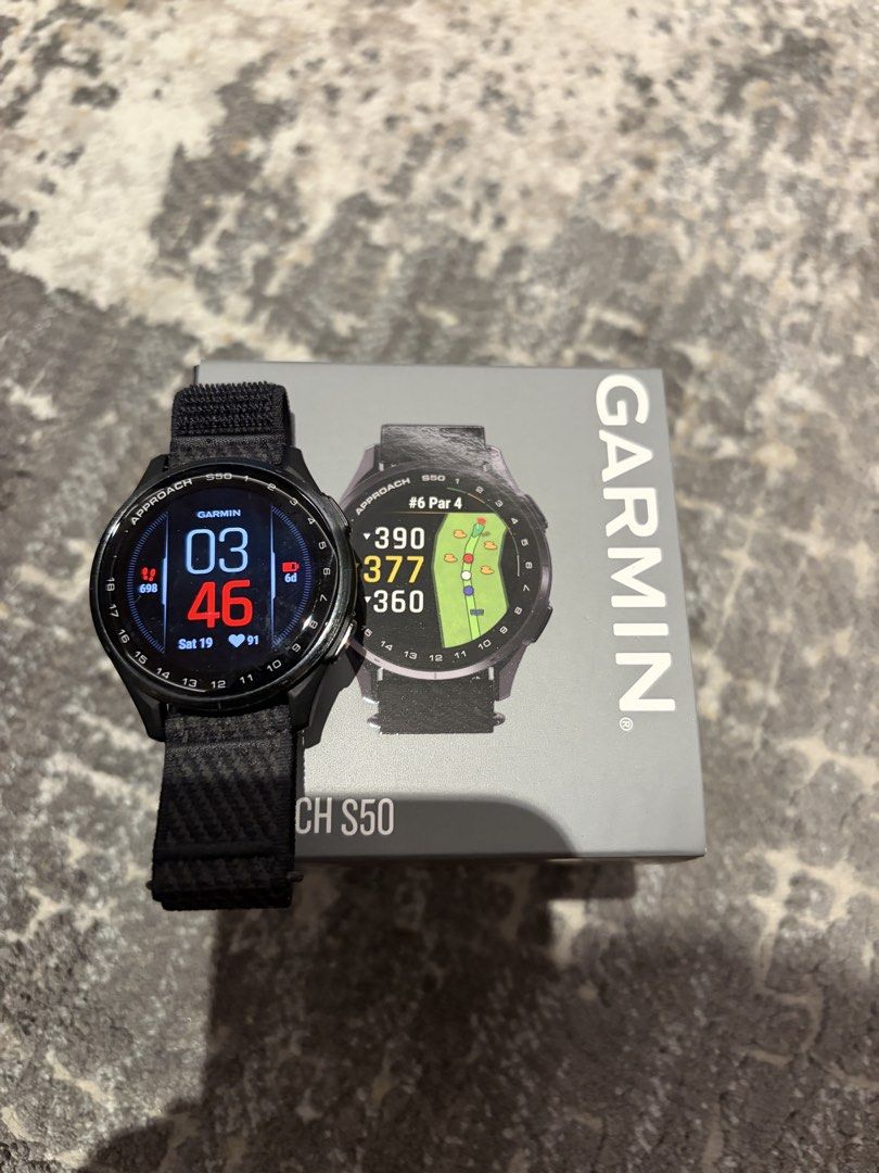 Garmin Approach S50 (Category: Wearables & Smart Watches) located in Quezon City. Submitted by kirinzip (Listing ID 1467026777, Image 1). Description: Garmin Approach S50 golf watch Comes with original garmin white rubber strap With receipt from Garmin philippines (purchased june 2026) RFS: dont play golf anymore.