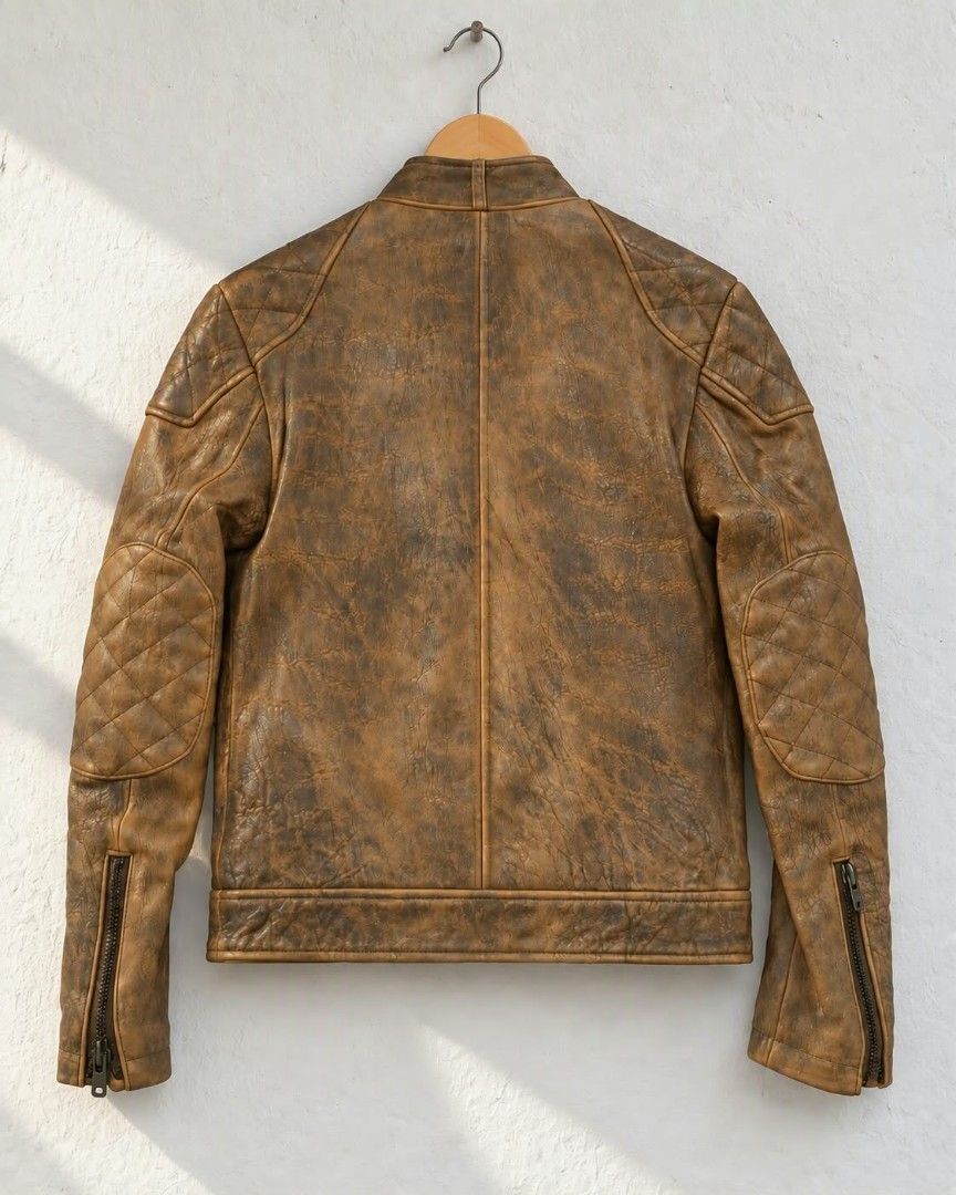 Genuine Leather Moto Jacket by BIKERS EDGE (Category: Coats, Jackets and Outerwear) located in Baguio. Submitted by luxeloomarchive (Listing ID 1467128237, Image 3). Description: Genuine Leather Moto Jacket by BIKERS EDGE Genuine Leather Moto Jacket by BIKERS EDGE ​Crafted from soft genuine leather, this rugged brown jacket combines ultimate comfort with a heavily distressed, vintage aesthetic. Featuring a stand-up snap collar, quilted padded sho