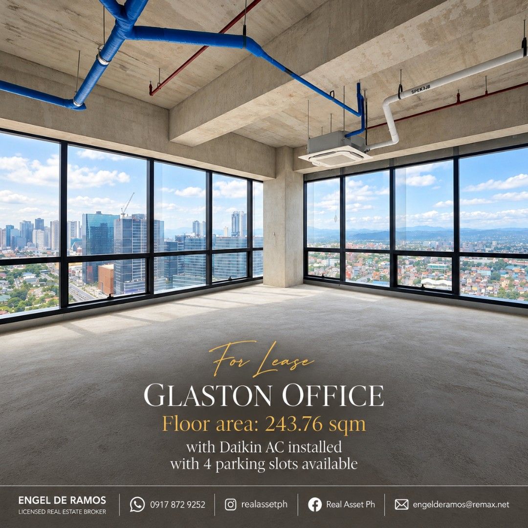 Glaston Office Corner Unit For Lease (Category: Commercial) located in Makati City. Submitted by realassetphremax (Listing ID 1467127952, Image 1). Description: 🔵For Lease: GLASTON Tower Office space Location: Ortigas East Pasig City Ideal for tech startups, law firms, financial corporations, consulting and trading companies. 🔸️ Corner Office space 🔸️ Floor area: 243.76sqm 🔸️ Bare unit with Daikin AC installed 🔸️ 4 parking slots available 🔸