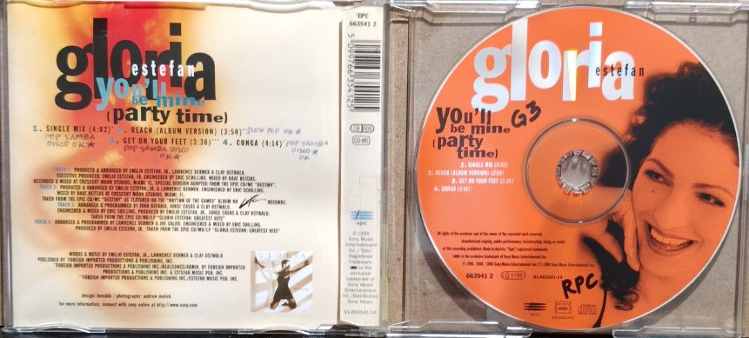 Gloria Estefan - You'll Be Mine (Party Time) CD Single (Category: CDs & DVDs) located in Manila. Submitted by ruelcabrer77078 (Listing ID 1467108604, Image 3). Description: - Artist: Gloria Estefan - Format: CD Single - Tracks: You'll Be Mine (Party Time), Reach, Get on Your Feet, Conga - Packaging: Standard jewel case - Condition note: Back insert has handwritten notes next to the tracklist.
