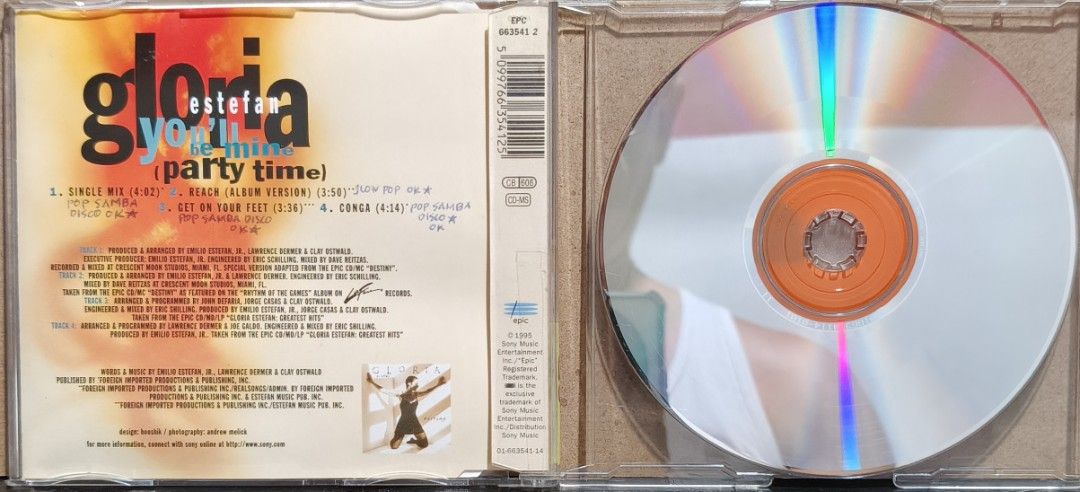Gloria Estefan - You'll Be Mine (Party Time) CD Single (Category: CDs & DVDs) located in Manila. Submitted by ruelcabrer77078 (Listing ID 1467108604, Image 2). Description: - Artist: Gloria Estefan - Format: CD Single - Tracks: You'll Be Mine (Party Time), Reach, Get on Your Feet, Conga - Packaging: Standard jewel case - Condition note: Back insert has handwritten notes next to the tracklist.