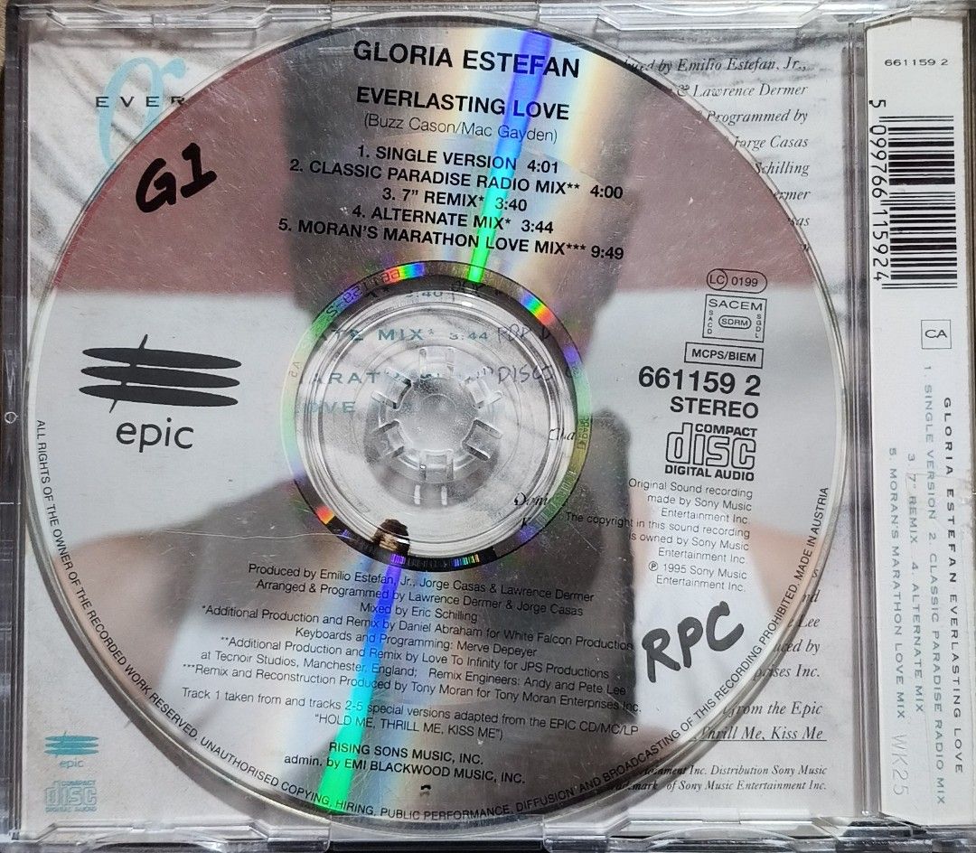 Gloria Estefan Everlasting Love CD (Category: CDs & DVDs) located in Manila. Submitted by ruelcabrer77078 (Listing ID 1467107650, Image 3). Description: Gloria Estefan Everlasting Love maxi single CD. Released by Epic in 1994. Includes five tracks featuring single version, classic paradise radio mix, 7 inch remix, alternate mix, and Moran's marathon love mix. Standard jewel case packaging. Disc surface clean, plays properly..