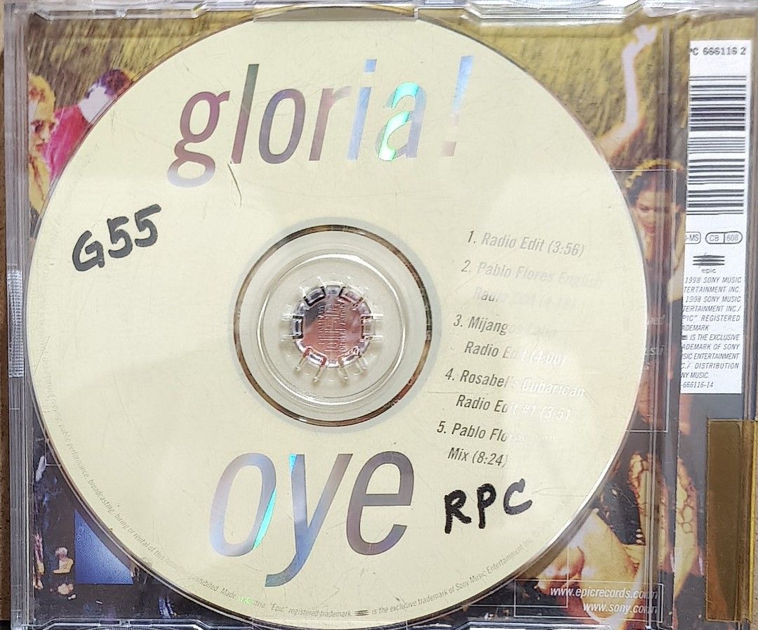Gloria Estefan Oye CD Single (Category: CDs & DVDs) located in Manila. Submitted by ruelcabrer77078 (Listing ID 1467109080, Image 3). Description: - Artist & Title: Gloria Estefan - Oye CD Single - Label & Year: Epic Records, 1998 release - Packaging: Standard jewel case - Tracklist (5 tracks): Radio Edit, Pablo Flores remixes, Mijangos Latin Radio Edit, and Rosabel's Cubanican Radio Edit - Condition Note: Disc has markings written on it, tested 