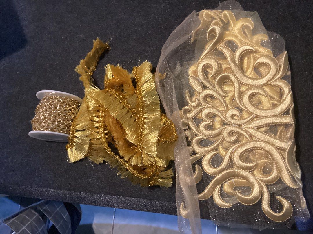 -COD Available- Gold Trimming Ribbons and Lace Applique Craft Bundle (Category: Craft Supplies & Tools) located in San Miguel. Submitted by jsibarra (Listing ID 1467071211, Image 1). Description: - Bundle includes: metallic gold chain trim, fringe trim, and a large sheer mesh panel with gold embroidery applique - Ideal for sewing, costume making, and various DIY craft projects take all - 180 Meetup around San Miguel Bulacan Metro Bayan Delivery v