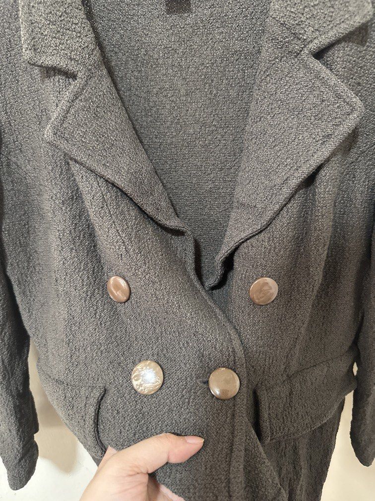Gray Textured Double Breasted Blazer (Category: Coats, Jackets and Outerwear) located in Mexico. Submitted by studioleraph (Listing ID 1467031513, Image 2). Description: 🛍️ Perfect for your personal wardrobe 🫶 Please see actual measurements on last photo. 👗 The actual item being sold is the original garment shown in the product photos. Small differences in fit, drape, color, texture, or details may occur. 💌 Condition: • Preloved; Please wash 