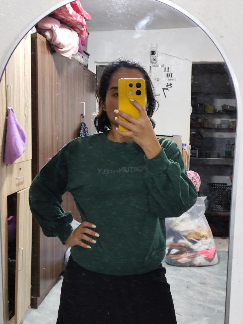 Green 'FORTUNATELY' Crewneck Sweatshirt (Category: Coats, Jackets and Outerwear) located in Cavite. Submitted by zenshub (Listing ID 1467080076, Image 2). Description: Can fit to medium..