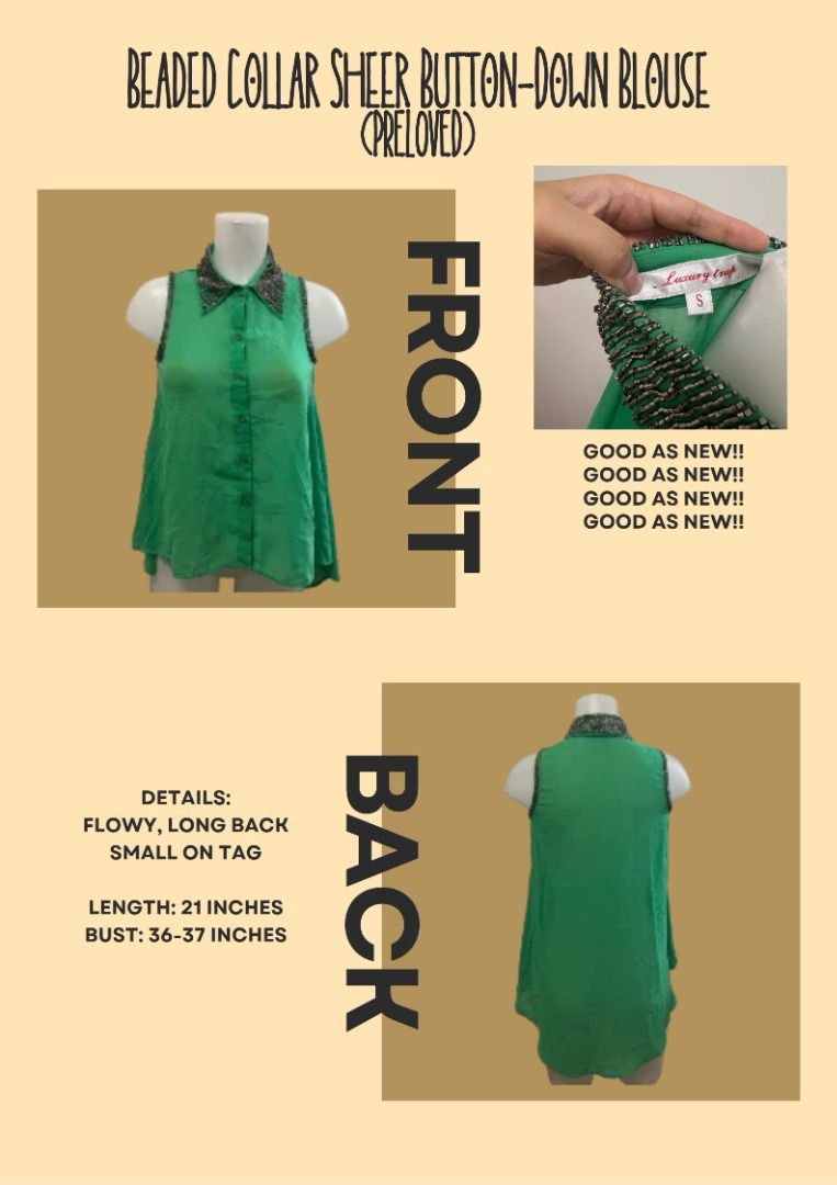 Green Sheer Button-Down Blouse Beaded Collar (Category: Blouses) located in Bulacan. Submitted by shopwcol_ (Listing ID 1467096835, Image 1). Description: - Size: Small - Color: Bright green - Style: Sleeveless, button-down front, flowy fit with longer back hem - Details: Sheer fabric with gorgeous beadwork on the collar - Measurements: 21" length, 36-37" bust - Condition: Good overall condition.