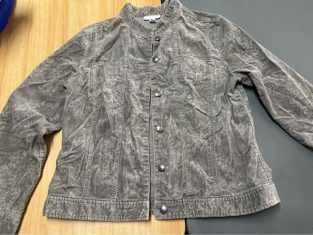 Grey corduroy patterned jacket with metal buttons (Category: Coats, Jackets and Outerwear) located in Bulacan. Submitted by Domozz (Listing ID 1467024894, Image 1). Description: Length- 23 Width- 18 Small.
