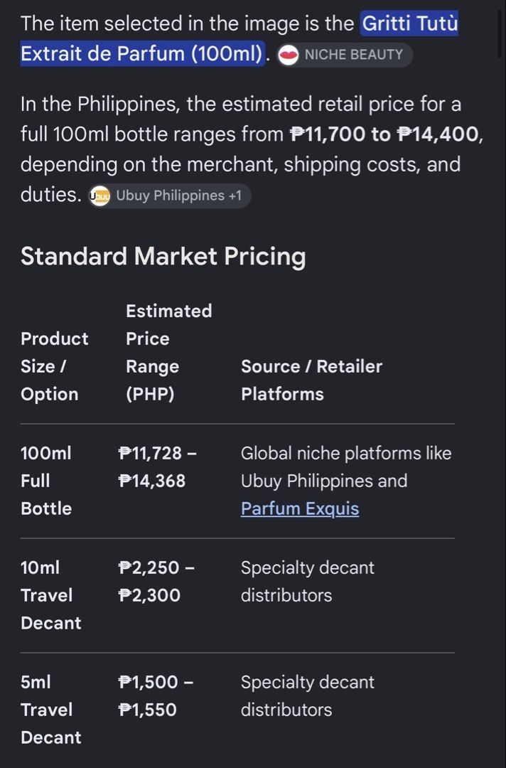 Gritti Tutù Extrait de Parfum (Category: Fragrance & Deodorants) located in Bulacan. Submitted by shopwithme_23 (Listing ID 1467143963, Image 2). Description: •BNIB •Extrait de Parfum •100ml ₱9,999 onlyyy Retails for 11-14k++.