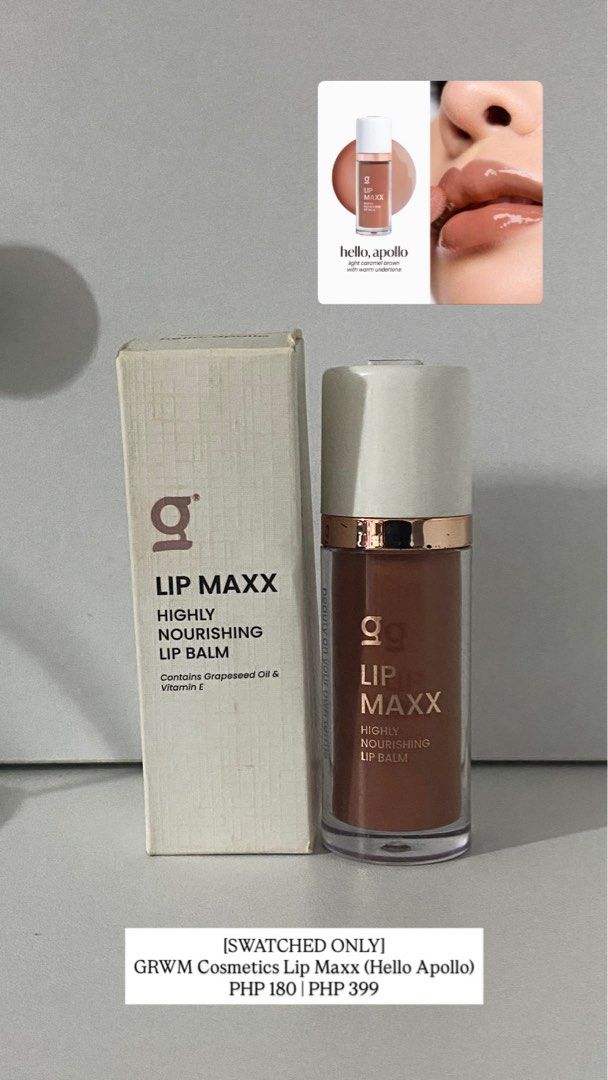 GRWM Cosmetics Lip Maxx (Hello Apollo) (Category: Makeup) located in Manila. Submitted by maeventures (Listing ID 1467001243, Image 1). Description: GRWM Cosmetics Lip Maxx in Apollo (light caramel brown with warm undertones). Highly nourishing lip balm with Grapeseed Oil and Vitamin E..