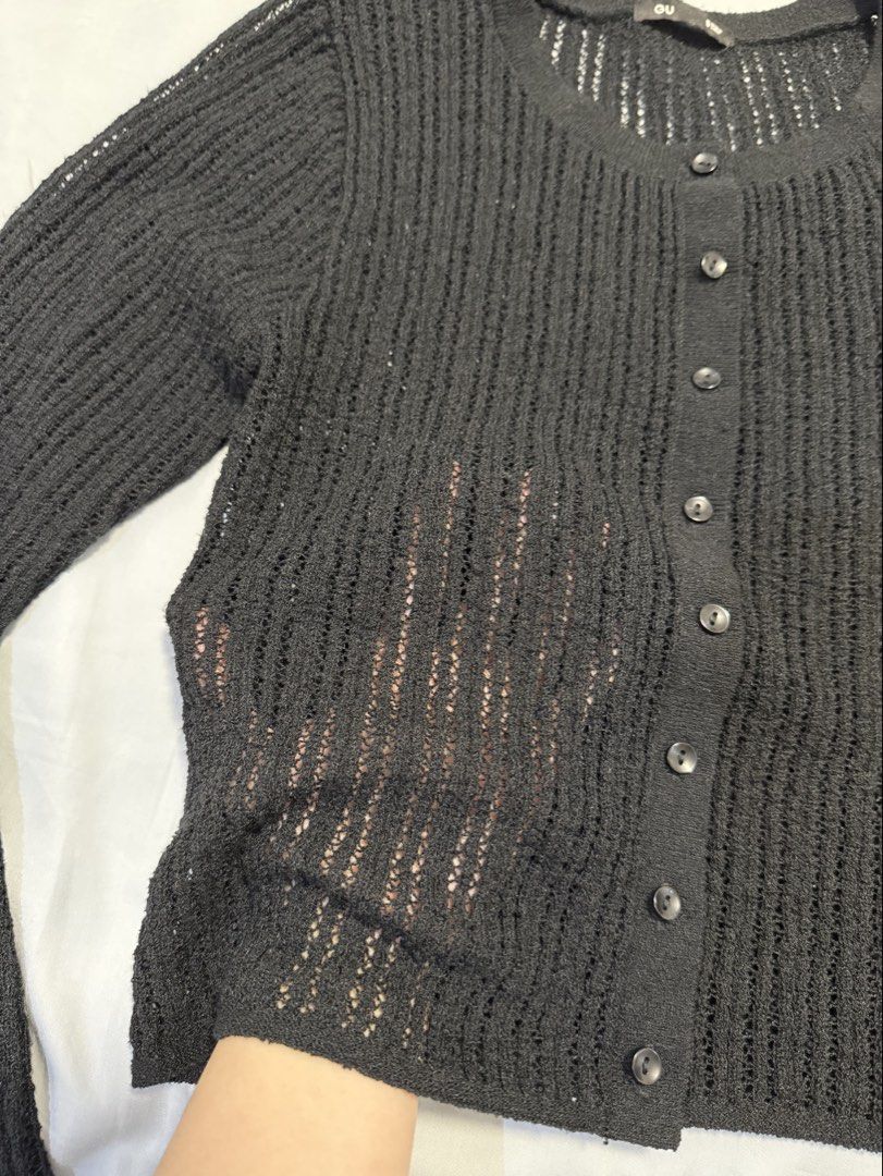 GU Black Open Knit Cardigan (Category: Coats, Jackets and Outerwear) located in Dasmarinas. Submitted by denmae (Listing ID 1466987823, Image 2). Description: - Brand/Model: GU black cardigan - Material: Lightweight open-knit mesh (slightly sheer) - Design: Long sleeves, round neckline, button-down front - Style: Minimalist basic, great for layering I still love this but won’t fit my postpartum body anymore 😢.