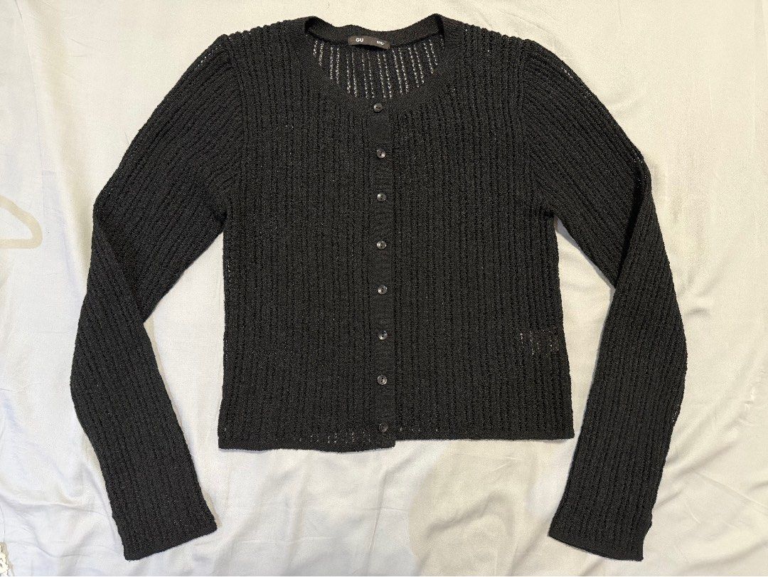 GU Black Open Knit Cardigan (Category: Coats, Jackets and Outerwear) located in Dasmarinas. Submitted by denmae (Listing ID 1466987823, Image 1). Description: - Brand/Model: GU black cardigan - Material: Lightweight open-knit mesh (slightly sheer) - Design: Long sleeves, round neckline, button-down front - Style: Minimalist basic, great for layering I still love this but won’t fit my postpartum body anymore 😢.