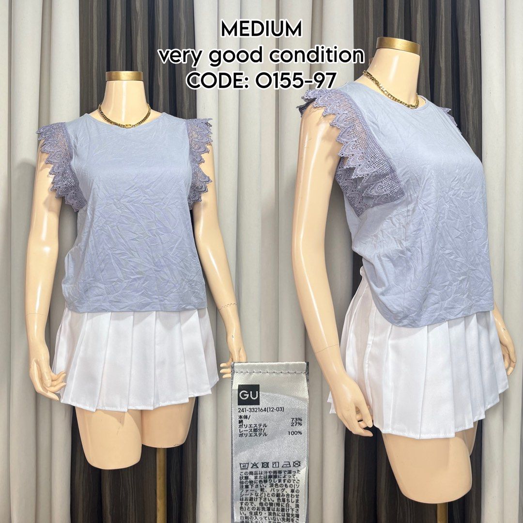 GU Blue Lace Ruffle Sleeve Top Medium O155-97 (Category: Sleeveless) located in Naga. Submitted by rmapprl (Listing ID 1467124975, Image 1). Description: - Brand/Style: GU light blue top with intricate lace ruffle sleeves - Size: Medium - Fit: Relaxed fit with a classic crew neckline - Material: Soft and breathable cotton blend - Condition: Clean, well-maintained, and gently used - Styling: Perfect with skirts or shorts for casual days - Item Cod