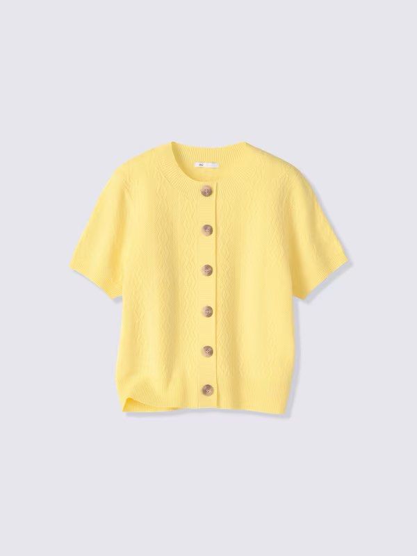 GU Crewneck Knit Cardigan (Category: Blouses) located in Surigao. Submitted by nenafuentes (Listing ID 1467156566, Image 1). Description: Bought during our Japan trip Used only once Color yellow Medium on tag.