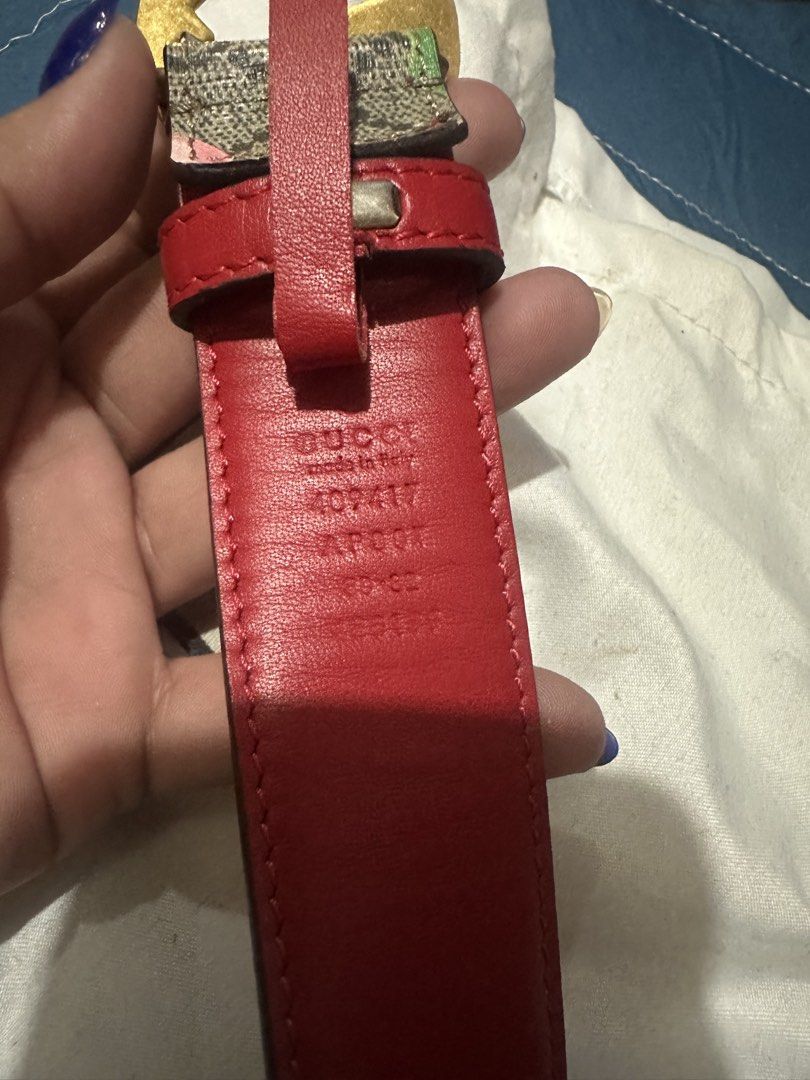 Gucci Leather Belt Red (Category: Belts) located in Iligan City. Submitted by roda231982 (Listing ID 1466979136, Image 1). Description: - Brand: Gucci - Color: Bright red leather with sturdy backing and clean edge stitching - Hardware: Gold-toned buckle with classic canvas print loop - Authenticity: Stamped with serial number 409417 480199 and size info on inner strap - Condition: Excellent statement accessory to complete your outfits.