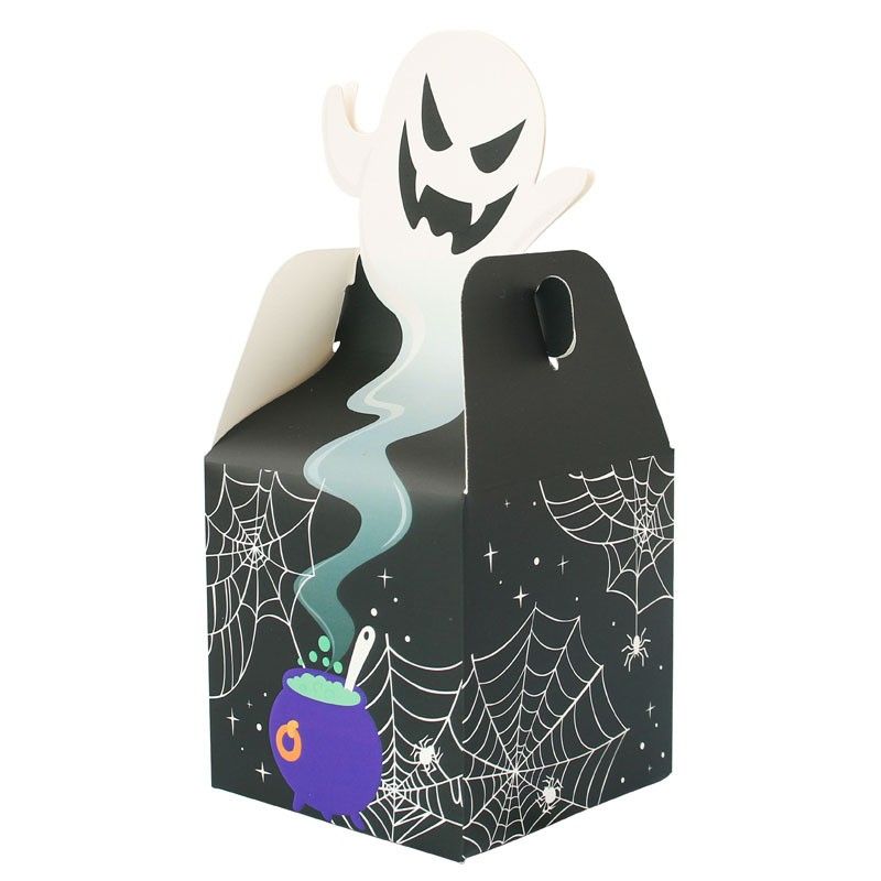 Halloween Treat Gift Boxes Goodie Candy Containers Set (Category: Occasions & Party Supplies) located in Manila. Submitted by jimtonline1206 (Listing ID 1466978699, Image 2). Description: - Set of 4 spooky Halloween treat box designs: black cat, witch-hat pumpkin, ghostly cauldron, and graveyard tombstone - Dimensions: 8x8x13cm box body with a total height of 17.6cm (with handles) - Sturdy cardstock material with convenient handle cutouts at the 