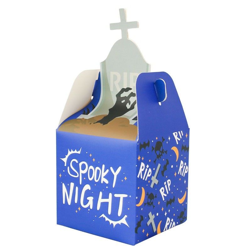 Halloween Treat Gift Boxes Goodie Candy Containers Set (Category: Occasions & Party Supplies) located in Manila. Submitted by jimtonline1206 (Listing ID 1466978699, Image 3). Description: - Set of 4 spooky Halloween treat box designs: black cat, witch-hat pumpkin, ghostly cauldron, and graveyard tombstone - Dimensions: 8x8x13cm box body with a total height of 17.6cm (with handles) - Sturdy cardstock material with convenient handle cutouts at the 