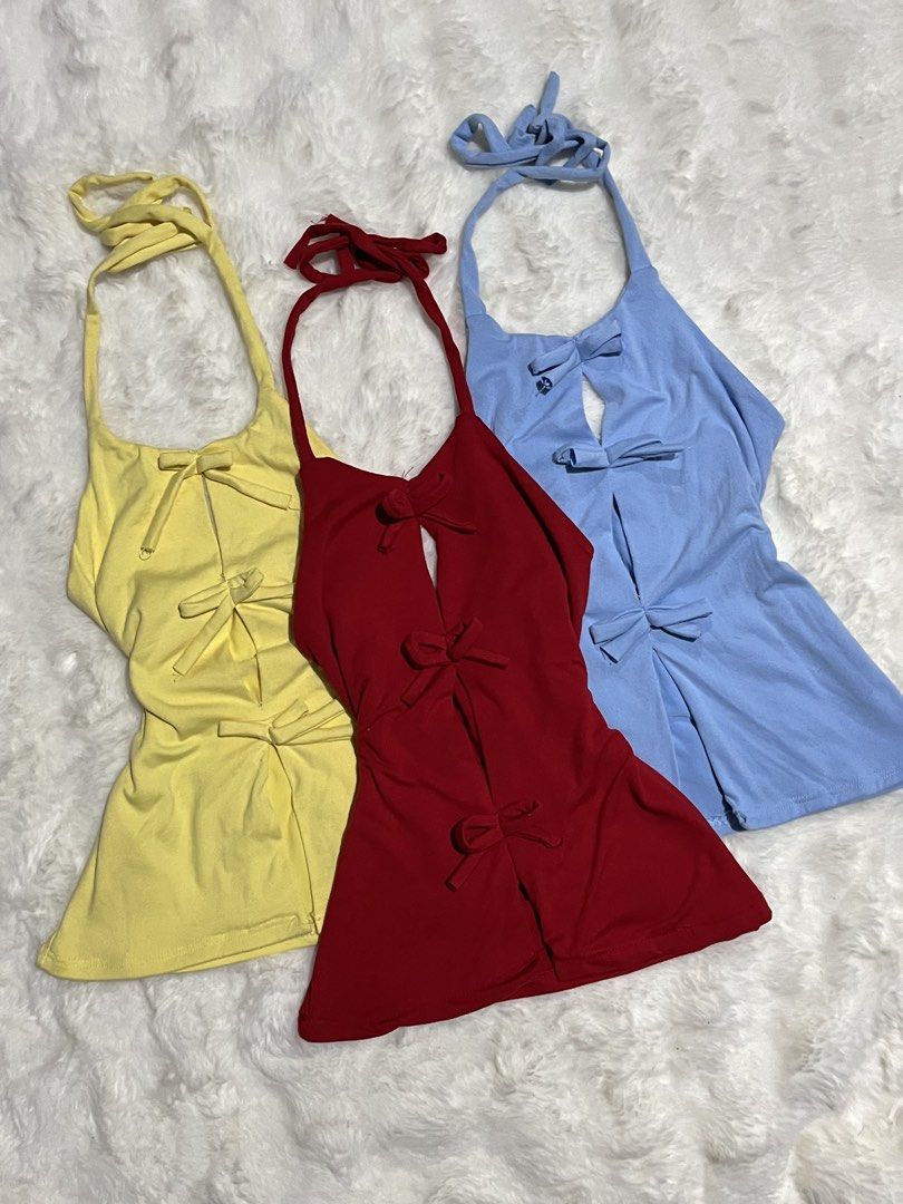 Halter Neck Tie-Front Tops Bundle - Yellow, Red, Blue (Category: Sleeveless) located in Navotas City. Submitted by quickcrystal.10e4bd (Listing ID 1466982734, Image 1). Description: 120 EACH! XS-MED ONLY SOLD POWDER BLUE.