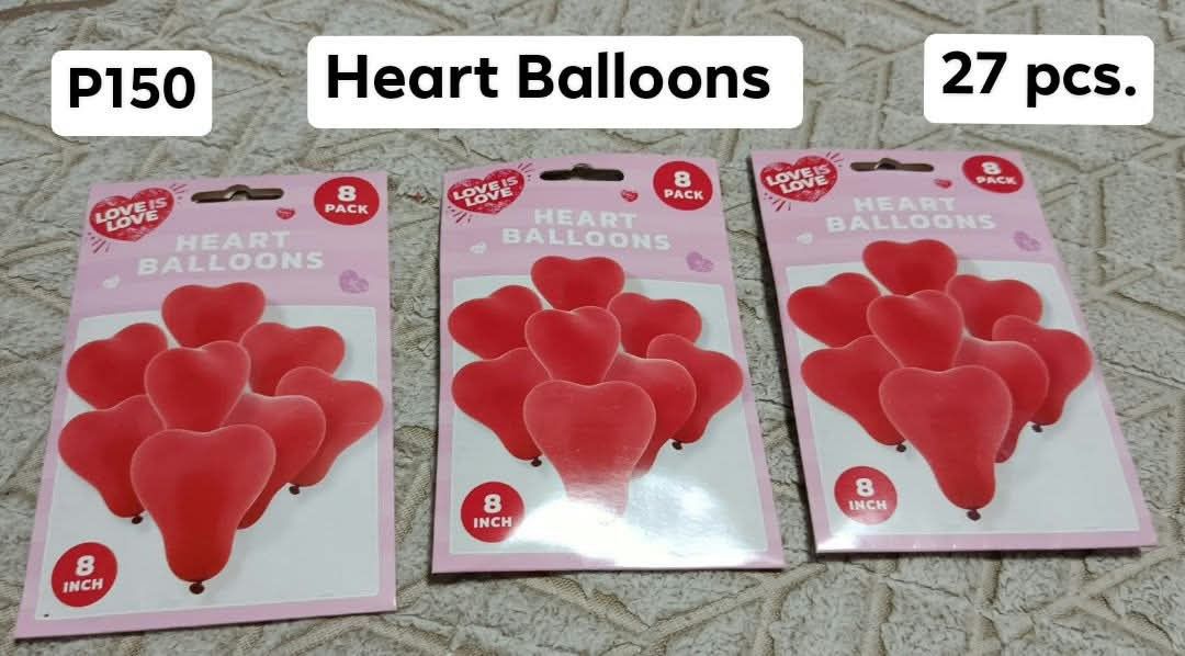 Heart Balloons 8 Inch 27 pcs (Category: Occasions & Party Supplies) located in Quezon City. Submitted by robelles_thriftshop (Listing ID 1466984514, Image 1). Description: - Total: 27 pieces of heart-shaped balloons - Breakdown: 3 sealed packs (8 pcs each) - Size: 8 inches per balloon - Color: Vibrant red theme - Condition: Brand new, flat, and in original packaging - Perfect for: Birthdays, anniversaries, parties, and celebrations - P50 each .