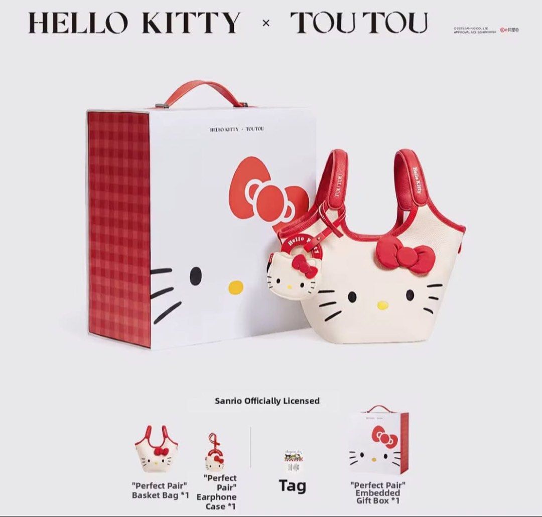 Hello Kitty x TouTou Perfect Pair Basket Bag Set (Category: Shoulder Bags) located in Manila. Submitted by janetecson05 (Listing ID 1467000119, Image 1). Description: - Official Sanrio licensed Kitty and TouTou collection - Color: Cream body with signature red handles and trim - Includes basket bag with iconic red bow - Includes matching earphone case - Comes with original product tag and special embedded gift box - Condition: Brand new, unused, 