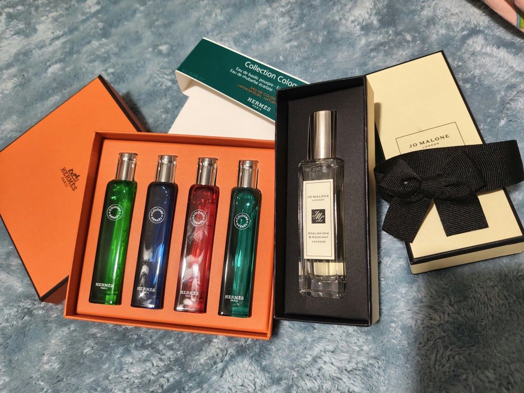 Hermes and Jo Malone London Cologne Sets (Category: Fragrance & Deodorants) located in Malabon City. Submitted by delacruzde41483 (Listing ID 1467167120, Image 1). Description: - Hermes Cologne Collection: 4 x 15ml bottles (Green, Blue, Red, Turquoise) - Jo Malone London English Oak & Hazelnut: 30ml bottle - Condition: Brand new with original boxes and complete packaging - Ideal for luxury gifting or scent sampling - 100% authentic and well-kept 