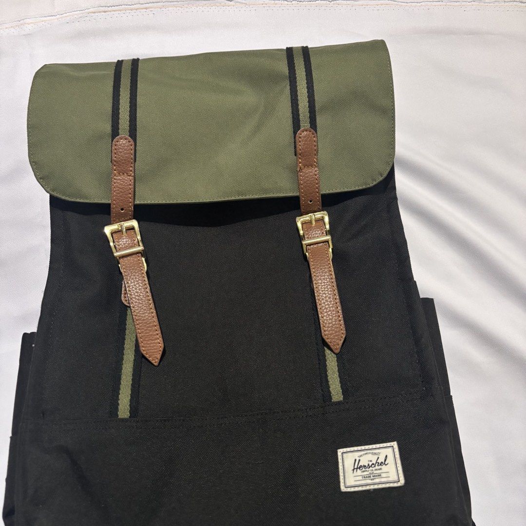 Herschel Survey Backpack (Category: Backpacks) located in Imus. Submitted by wear.arca (Listing ID 1467119859, Image 2). Description: - Authentic Herschel - No flaws on body; crackings on straps only but not visible from outside - No rubs; like new - Can fit 13-14” laptop - Has side pockets on both sides - Brown faux leather straps with stylish gold metal buckles & magnetic closures - Interior padded laptop sleeve with classic branding - Front st