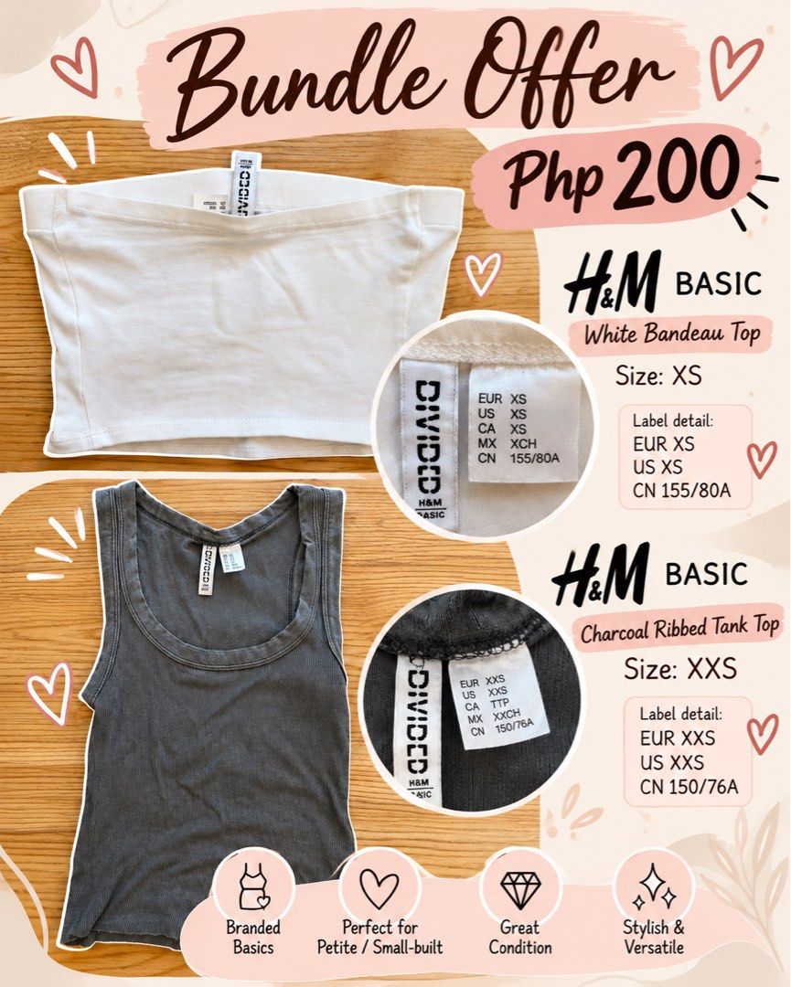 H&M BASIC TOPS BUNDLE – ₱200 ONLY! 🤍🩶 (Category: Sleeveless) located in Paranaque City. Submitted by yanionlineshopping (Listing ID 1467025129, Image 1). Description: H&M BASIC TOPS BUNDLE – ₱200 ONLY! 🤍🩶 Two wardrobe essentials for just ₱200 for BOTH! 😍 🤍 White Bandeau Top – XS 🩶 Charcoal Ribbed Tank Top – XXS ✔️ Authentic H&M BASIC ✔️ Perfect for petite / small-built ladies ✔️ Easy to mix and match with your favorite outfits Refresh your