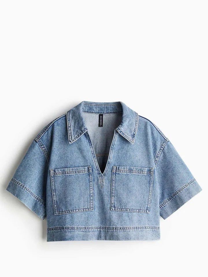 H&M Cropped Denim Collared Shirt (Category: Shirts) located in Manila. Submitted by chi_channn (Listing ID 1467008439, Image 1). Description: - like new, no issue - size on tag: small (fits up to medium) - rfs: decluttering .