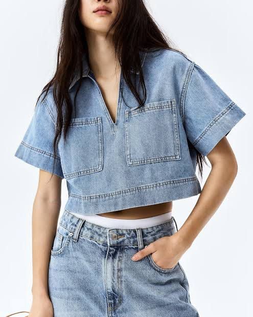 H&M Cropped Denim Collared Shirt (Category: Shirts) located in Manila. Submitted by chi_channn (Listing ID 1467008439, Image 2). Description: - like new, no issue - size on tag: small (fits up to medium) - rfs: decluttering .