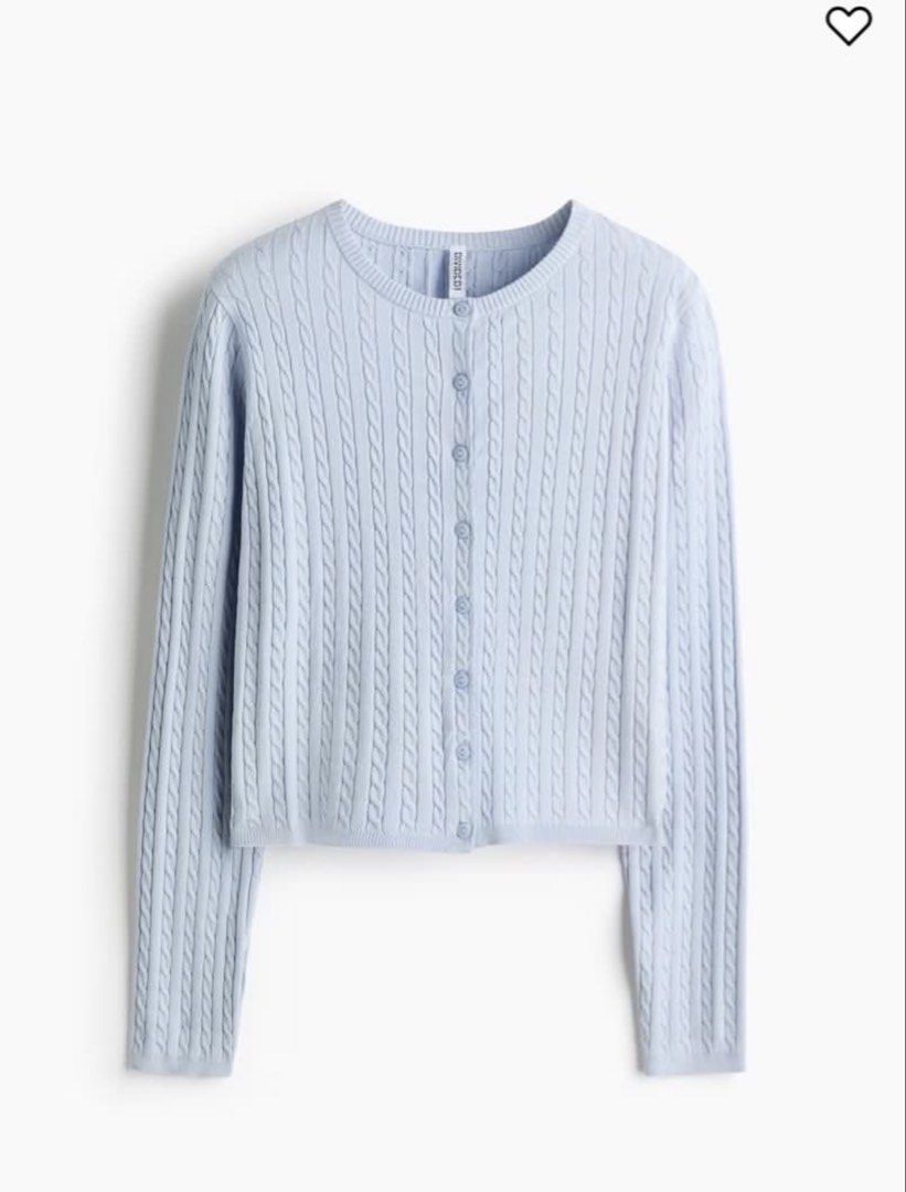 H&M Divided Light Blue Cable Knit Cardigan (Category: Coats, Jackets and Outerwear) located in Manila. Submitted by hiddentreasureph (Listing ID 1467078503, Image 1). Description: - Brand/Style: H&M Divided light blue cable knit cardigan - Design: Round neckline with a button-front closure - Material: Soft knit with a vertical texture pattern - Fit: Easy layering piece ideal for cooler weather.