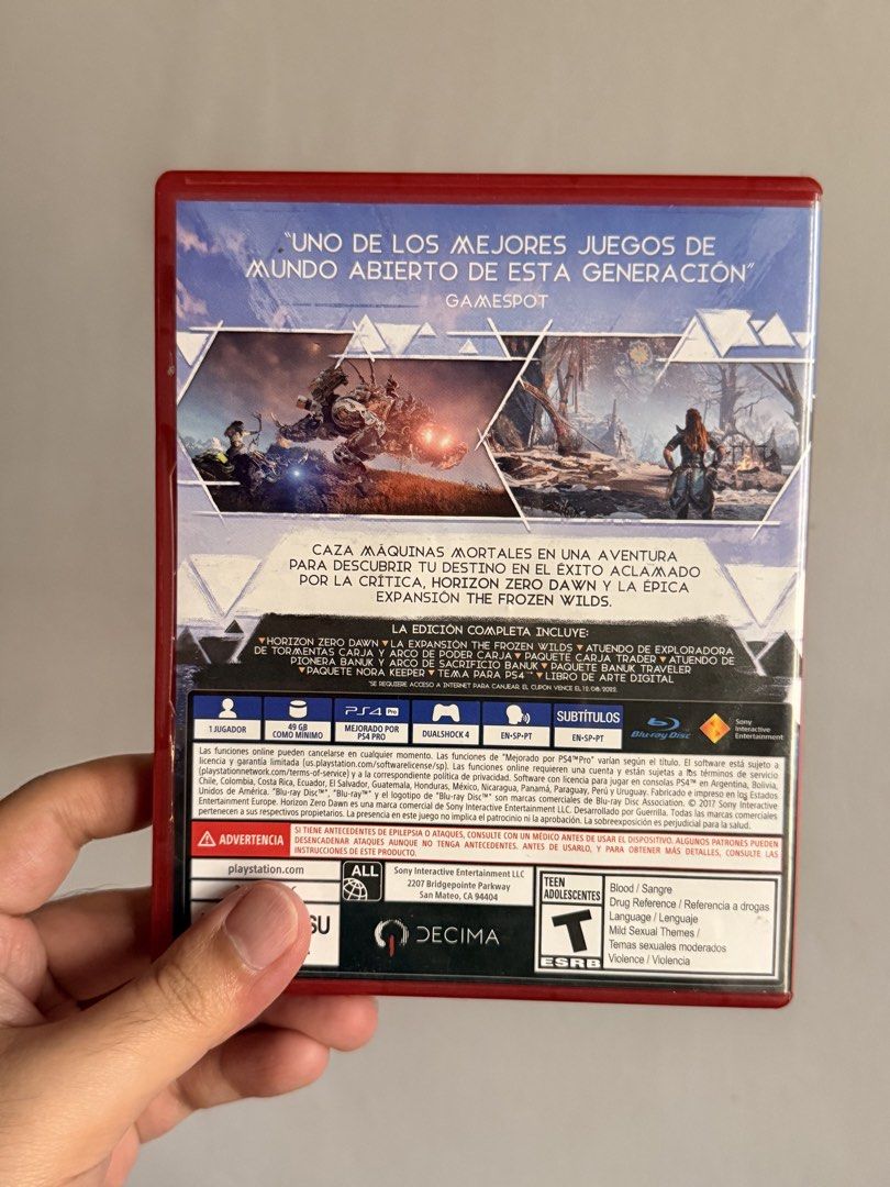 Horizon Zero Dawn Complete Edition PS4 (Category: PlayStation) located in Quezon City. Submitted by deporky (Listing ID 1467071277, Image 3). Description: - Game: Horizon Zero Dawn Complete Edition (PlayStation Hits) for PS4 - Edition details: Spanish packaging and text - Inclusions: The Frozen Wilds expansion, digital bonus items, and art book - Condition: Original case and disc are clean and scratch-free - Status: 100% tested and plays perfectl