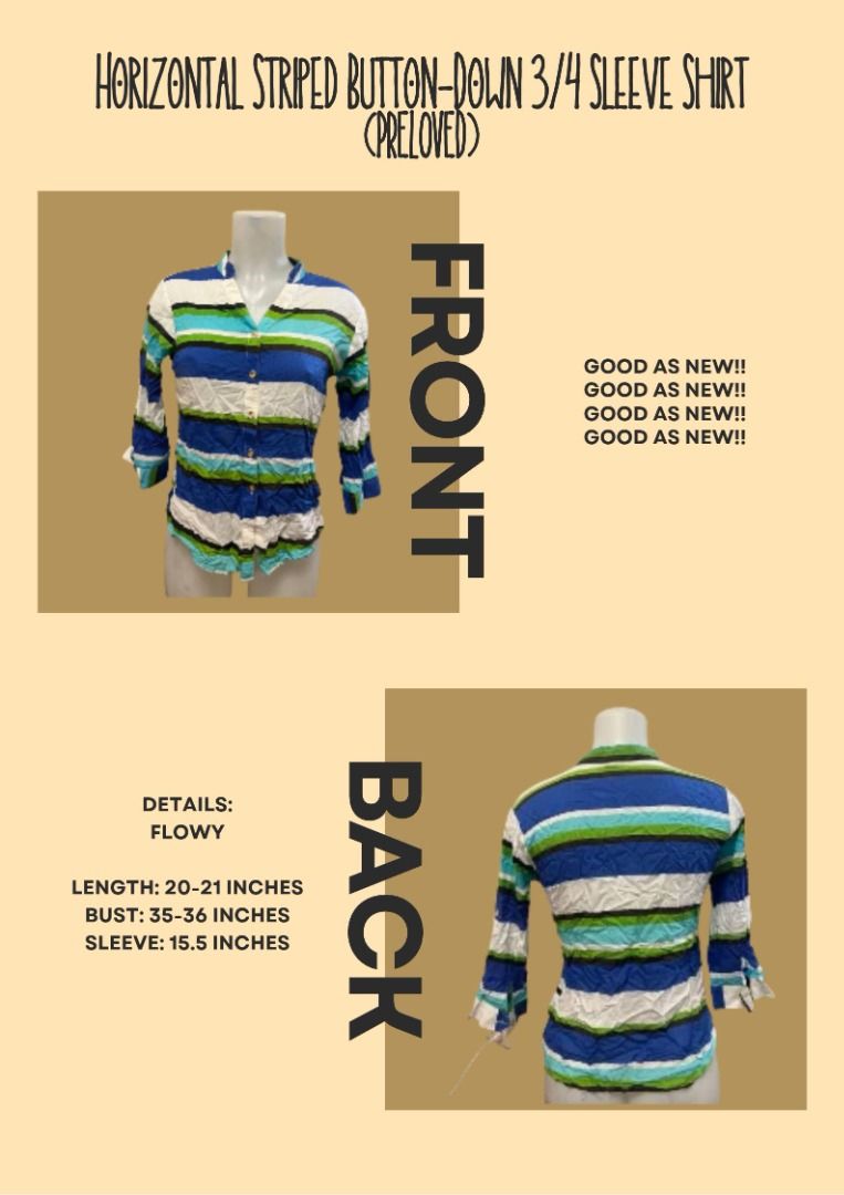 Horizontal Striped Button-Down 3/4 Sleeve Shirt (Category: Longsleeves) located in Bulacan. Submitted by shopwcol_ (Listing ID 1467099271, Image 1). Description: - Style: Horizontal striped button-down shirt with a flowy fit - Colors: Blue, green, white, and black stripes - Sleeves: 3/4 sleeves (15.5 inches) - Measurements: Length 20-21 inches, Bust 35-36 inches.
