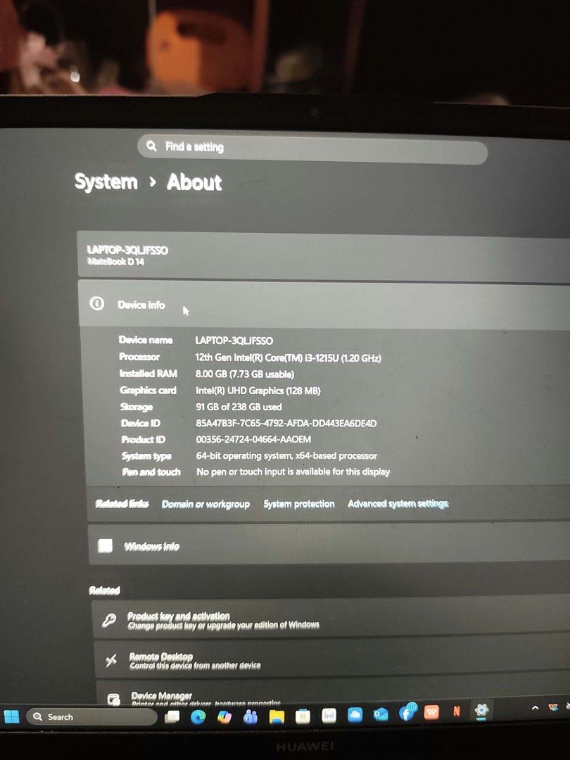 Huawei MatebookD 14 BE (Category: Laptops & Notebooks) located in Manila. Submitted by littlea164 (Listing ID 1467101432, Image 3). Description: Huawei MatebookD 14 BE 8gb/256gb RFS NEED FUNDS (HELPING MY FRIEND.