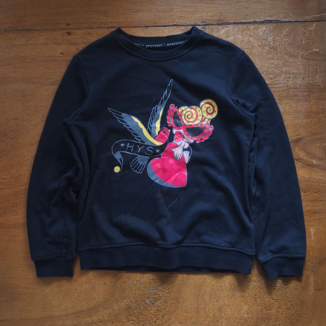 Hysteric Glamour sweater (Category: Coats, Jackets and Outerwear) located in Tayabas. Submitted by cat.b0i (Listing ID 1467093793, Image 1). Description: Size on tag: L Fitting: Men - L Women - L ‎Length: 23 ‎Width: 18 ‎Shoulder: 16 ‎Arm Space: 8 ‎Sleeve Length: 22 ‎ ‎Color: Dark blue with oatmeal grey accents Color Rate: 8.8 ‎Material: 95% cotton, 5% polyester properties: graphic is beaded ‎Issues: cut neck tag, minor (washable?) stains and mino