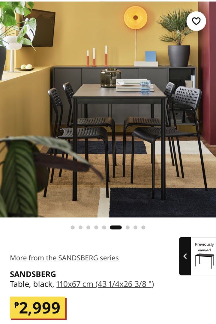 IKEA SANDBERG Table, black, 110x67 cm (Category: Tables & Sets) located in Makati City. Submitted by ggbuckets (Listing ID 1467125327, Image 2). Description: - Item: IKEA Sandsberg Dining Table - Color: Black - Dimensions: 110x67 cm - Ideal for: Small dining spaces, apartments, or study rooms - Condition: Disassembled into tabletop panels and metal legs for hassle-free transport - Assembly: Easy to put back together using standard tools - Feature