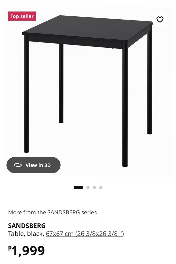 IKEA SANDBERG Table, Black, 67x67 cm (Category: Tables & Sets) located in Makati City. Submitted by ggbuckets (Listing ID 1467125359, Image 2). Description: - IKEA compact table in sleek black - Dimensions: 67x67 cm - Sturdy metal legs with a smooth finish - Perfect for small spaces, apartments, or dorms - Versatile: use as a work desk or a small dining table - Simple and modern design - Pick up only.