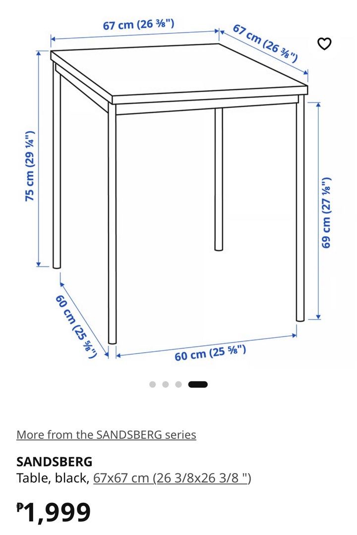 IKEA SANDBERG Table, Black, 67x67 cm (Category: Tables & Sets) located in Makati City. Submitted by ggbuckets (Listing ID 1467125359, Image 3). Description: - IKEA compact table in sleek black - Dimensions: 67x67 cm - Sturdy metal legs with a smooth finish - Perfect for small spaces, apartments, or dorms - Versatile: use as a work desk or a small dining table - Simple and modern design - Pick up only.