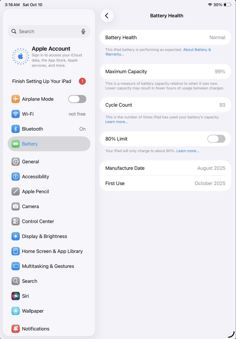 iPad A16 Blue 128GB (Category: iPad) located in Manila. Submitted by mj4yyz (Listing ID 1467086681, Image 3). Description: 99% Batt Health Local Purchased No History of Repair No Issue Unli Check and Reset Complete with Box, Case and Charger.